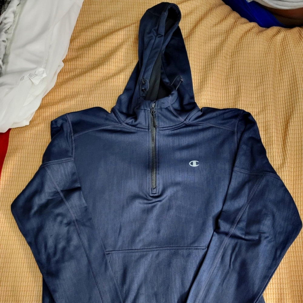 USED Champion Men's 1/2 Zip Blue Pullover Activewear Hoodie with Pocket Size L